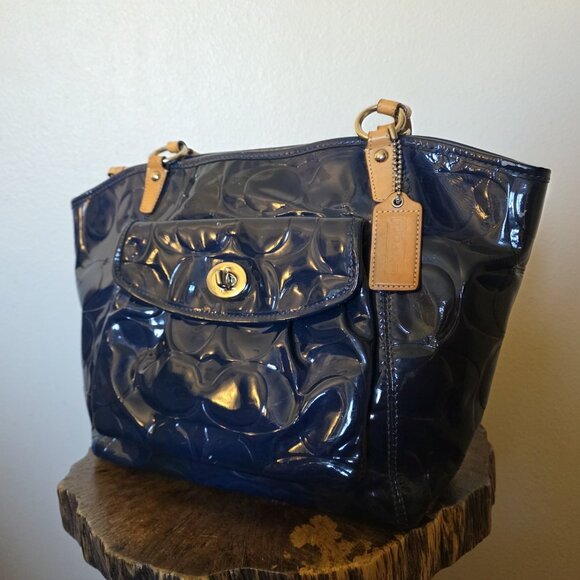 Coach Leah Embossed Patent Leather Tote Bag Navy Blue Tan Trim Turnlock Shoulder - Picture 10 of 16